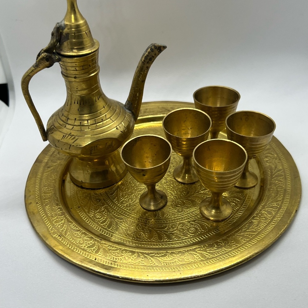Vintage Old Middle Eastern Gold Brass Tea Set with Tray - Picture 5 of 5